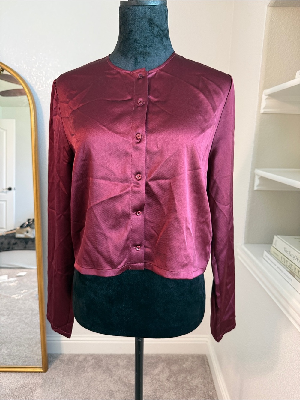 LESET Women's Barb Crew Cardigan Bordeaux Button Down